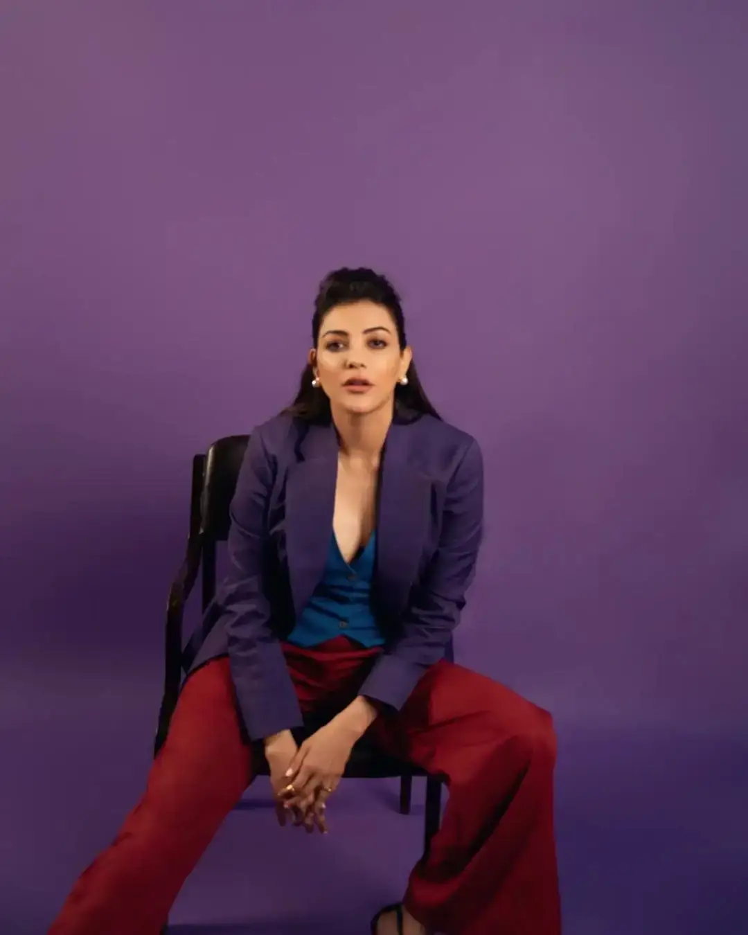 Indian Actress Kajal Agarwal in Marron Pant Blue Shirt